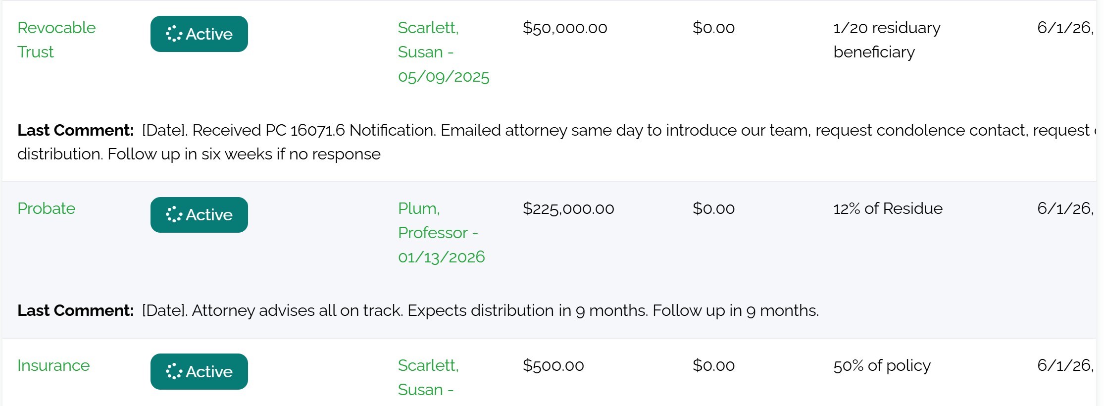 Bequest table rows showing revocable trust, probate, and insurance bequests with status and amounts